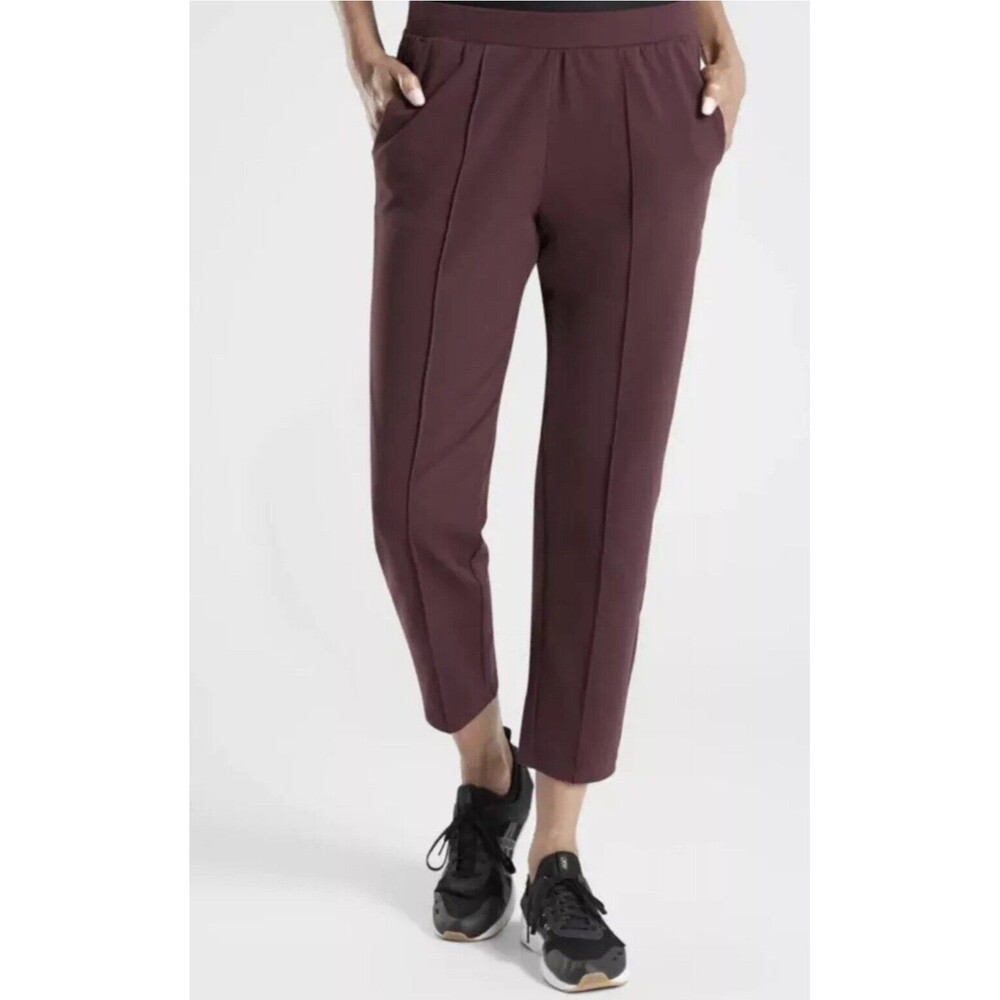Athleta S Burgundy Venice Pintuck Pant Ponte Knit Jogger Trouser Travel Work 14
